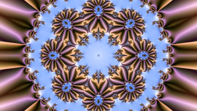 approaching and moving away from you of a certain abstract figure in the form of a mandala with the appearance of a variety of fractal ornament on a blue background