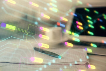 Multi exposure of data theme drawings and desk with open notebook background. Concept of education