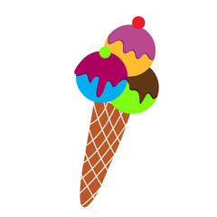 Ice cream balls in the waffle cone. Various flavors of ice cream with syrup and berries. Isolated element on white background. Vector illustration. Candy for summer.