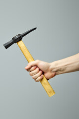 new hammer with clipping path with wooden handle isolated on gray