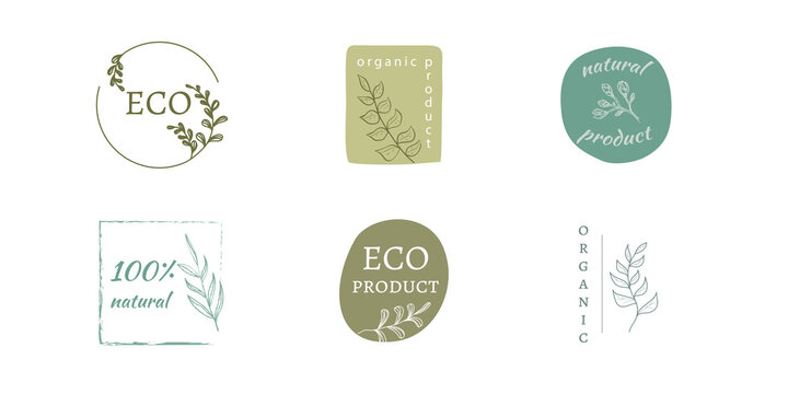 Vector Set of hand drawn logos and emblems of organic food, natural products, advertising badge collection, promotion of organic products, healthy lifestyle. Isolated on white background