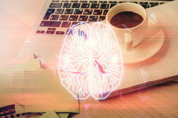 Double exposure of brain drawing and desktop with coffee and items on table background. Concept of research.