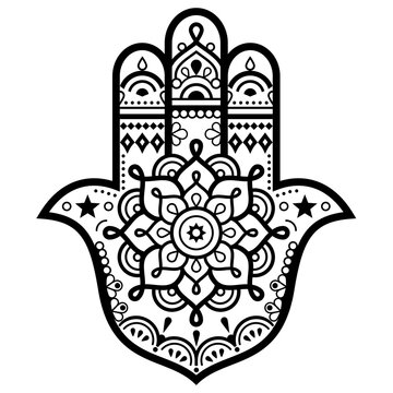Hamsa hand with mandala vector design - Indian Mehndi henna tattoo style pattern
