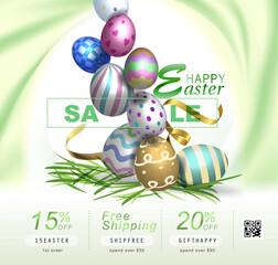 Easter poster and banner template with Easter eggs in the background. Greetings and presents for Easter Day in flat lay styling.Promotion and shopping template for Easter.