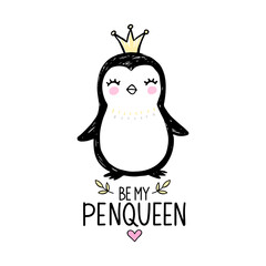 Cute penguin princess with crown isolated on white. Doodle animal illustration. Vector character. Ideal for kids or babies t-shirt design, room decoration.