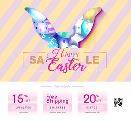 Easter poster and banner template with Easter eggs in the background. Greetings and presents for Easter Day in flat lay styling.Promotion and shopping template for Easter.