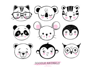 Doodle animals head vector set. Owl, cat, tiger, panda, bear, monkey, mouse, penguin, koala faces in sketch style. Funny faces. Cute children's illustrations
