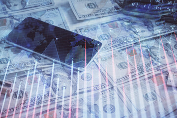 Double exposure of forex graph drawing over us dollars bill background. Concept of financial markets.