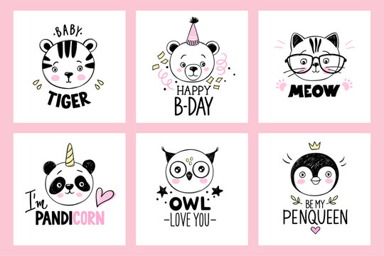 Owl, penguin queen, cat with glasses, panda unicorn, baby tiger, teddy bear faces in sketch style. Doodle animals. Funny quotes. Cute children's vector illustrations