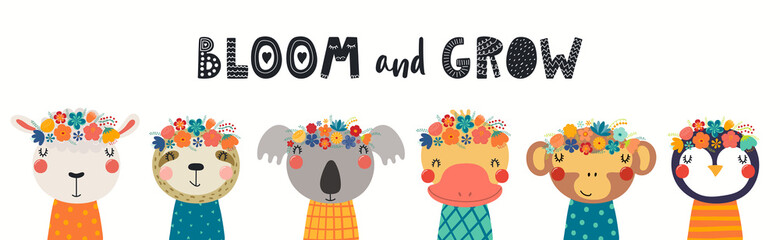 Cute funny animal faces in flower crowns, floral wreathes, isolated on white. Hand drawn vector illustration. Scandinavian style flat design. Concept for kids fashion print, banner, poster, card.