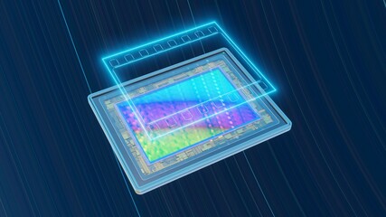 Concept of digital photography: full-frame sensor for digital camera with neon film contours, 3D rendering
