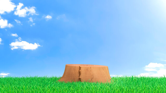 Illustration of a tree stump on green grass on a summer day. Holiday 3d render. Concept summer