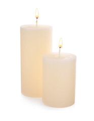 Fototapeta na wymiar Stylish elegant beige candles on white background