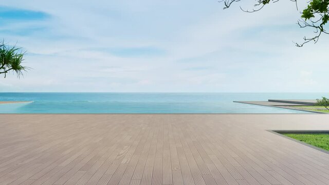 Luxury beach house with sea view swimming pool and terrace in modern design. Wooden floor deck at vacation home or hotel. 3d illustration of contemporary holiday villa exterior.