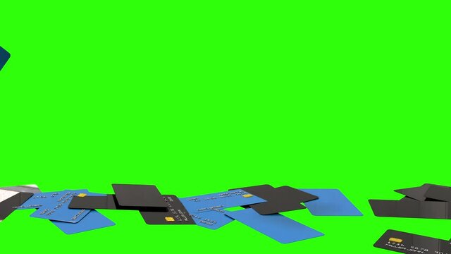 Debit and Credit cards rain falling stacked on the floor on green screen background. Representation of consumerism,  debt, household finance, shopping online, retail, wealth, etc. Animation 3d