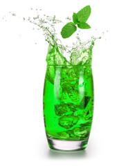 Mint leaf falling into an iced green soft drink splashing. Cocktail or non-alcoholic drink isolated on white background..