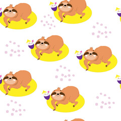 Funny sloth lies on a yellow rubber ring on a white background. Summer concept seamless pattern