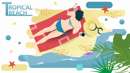 Vector illustration in a flat style on the theme of summer holidays and vacations on the shore of a tropical beach A girl in a blue bikini swimsuit is sunbathing on the beach