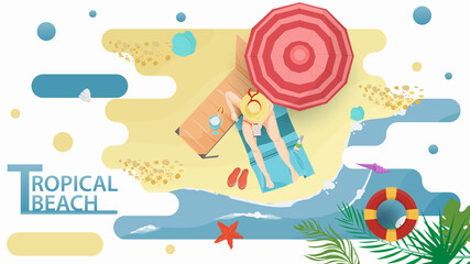 Vector illustration in a flat style on the theme of summer holidays and vacations on the shore of a tropical beach A girl with a phone sits next to a chaise longue on a mat on the beach