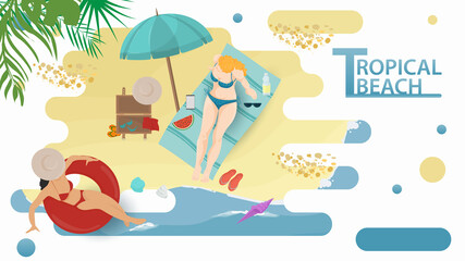 Obraz na płótnie Canvas Vector illustration in a flat style on the theme of summer holidays and vacations on the shore of a tropical beach Two girls relax on the beach