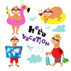 Vector illustration with cute summer sloths collection and the inscription hello vacation on a white background isolated