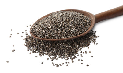 Wooden spoon with chia seeds on white background