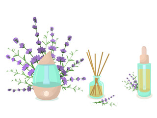 vector illustration of a humidifier diffuser, a fragrance with wooden sticks, and an aroma oil with lavender sprigs in the background. The concept of aromatherapy and healthy lifestyle