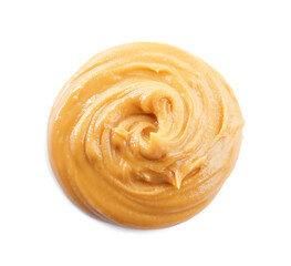 Delicious peanut butter isolated on white, top view