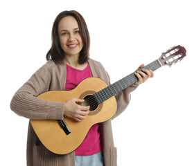Music teacher playing guitar on white background