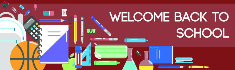 Vector illustration of school attributes and stationeries on red background. Back to school topic.