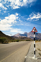 A desolated highway surrounded by mountains and arid scenery, a bright blue sky and a beware camel sign post