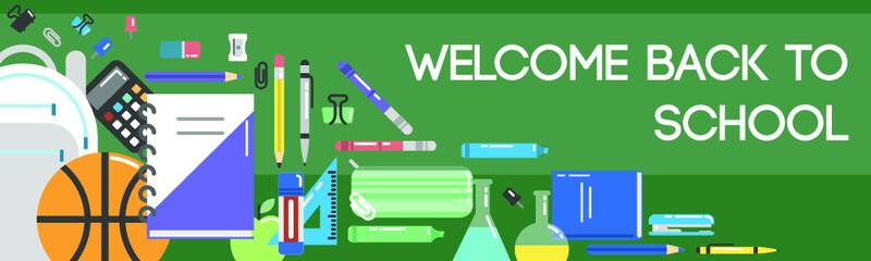 Vector illustration of school attributes and stationeries on green background. Back to school topic.