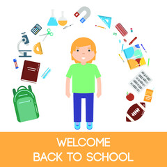 Vector illustration of a pupil and school attributes on white background. Back to school topic.