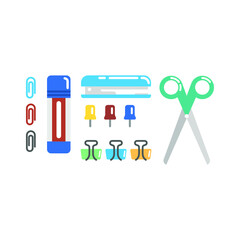 Vector illustration of school attributes and stationeries on white background. Back to school topic.