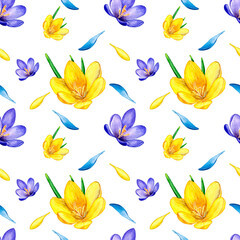 Hand drawn watercolor seamless floral pattern with yellow orange ochre violet purple crocus saffron flowers 3021