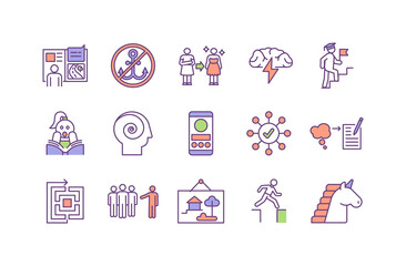 Thinking and creativity RGB color icons set. Brainstorming. Permanent learning. SMM. Emotional intelligence. Mind mapping. Writing and PR. Imagination development. Isolated vector illustrations