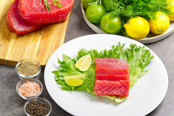 tuna sushi, Tuna carpaccio, tuna sashimi with vegetables. healthy eating with seafood, we cook at home