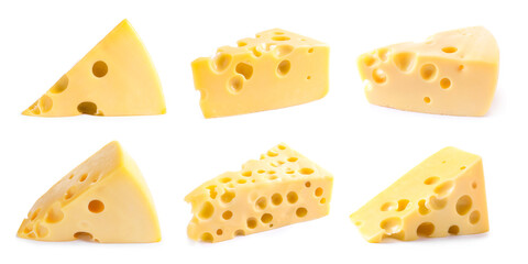 Set with pieces of delicious cheese on white background. Banner design