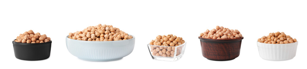 Set with raw chickpeas in bowls on white background. Banner design