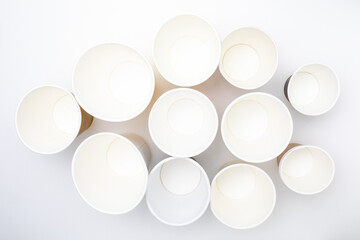 Background of empty paper cups (Take away). Top view.