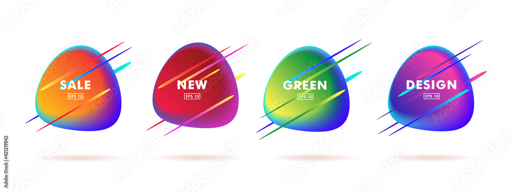 Aufkleber abstract fluorescent gradient fluid shapes isolated on white with dynamic straigh lines, digital com