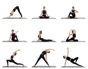 Young woman practicing yoga on white background, collage