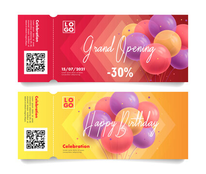 Set of leaflets or torn-off admission tickets with 3d Realistic Colorful Bunch of Birthday round Balloons, event invitation, grand opening celebration
