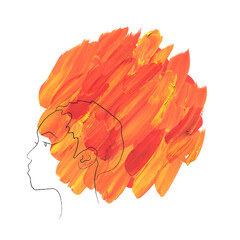 Concept for the beauty industry. The girl with fiery hair. Calm outside, but flame inside. Woman's face in profile, linear drawing. The orange spot is painted with broad strokes. Freedom symbol