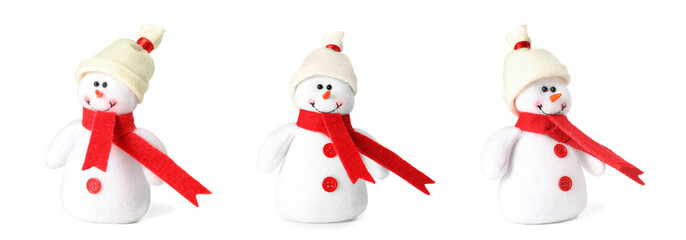 Set with cute small snowman toys on white background. Banner design