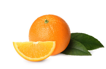Tasty fresh ripe oranges on white background