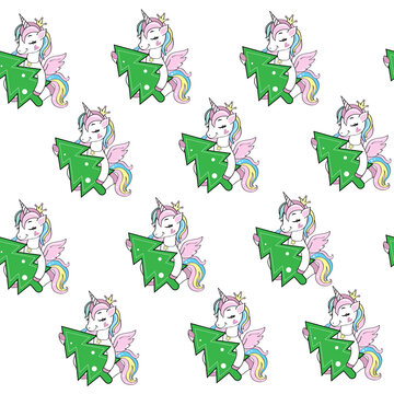 Christmas funny unicorn. Vector cartoon illustration seamless pattern