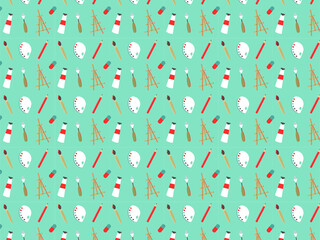 Pattern with art supplies: brushes, eraser, easel, palette knife, pencil. Vector image in eps format.