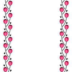 Frame, background with tulip flowers and hearts. Doodles, weaving, plant ornament. Vertical edging on the sides, border, decoration for invitations, holidays, greeting cards, wedding