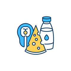 Fortified vitamin D products RGB color icon. Fatty fish and seafood. Milk, yogurt, cheese. Natural food sources. Dairy products. Dietary vitamin D intake for body health. Isolated vector illustration